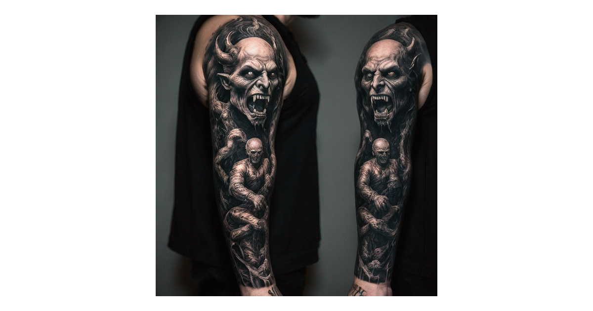 blackout sleeve with a demon in white | TattoosGenerator - AI-Powered ...